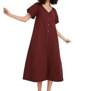Madewell Red (Re)sponsible Bubble-Sleeve Button-Front Midi Dress Size Small